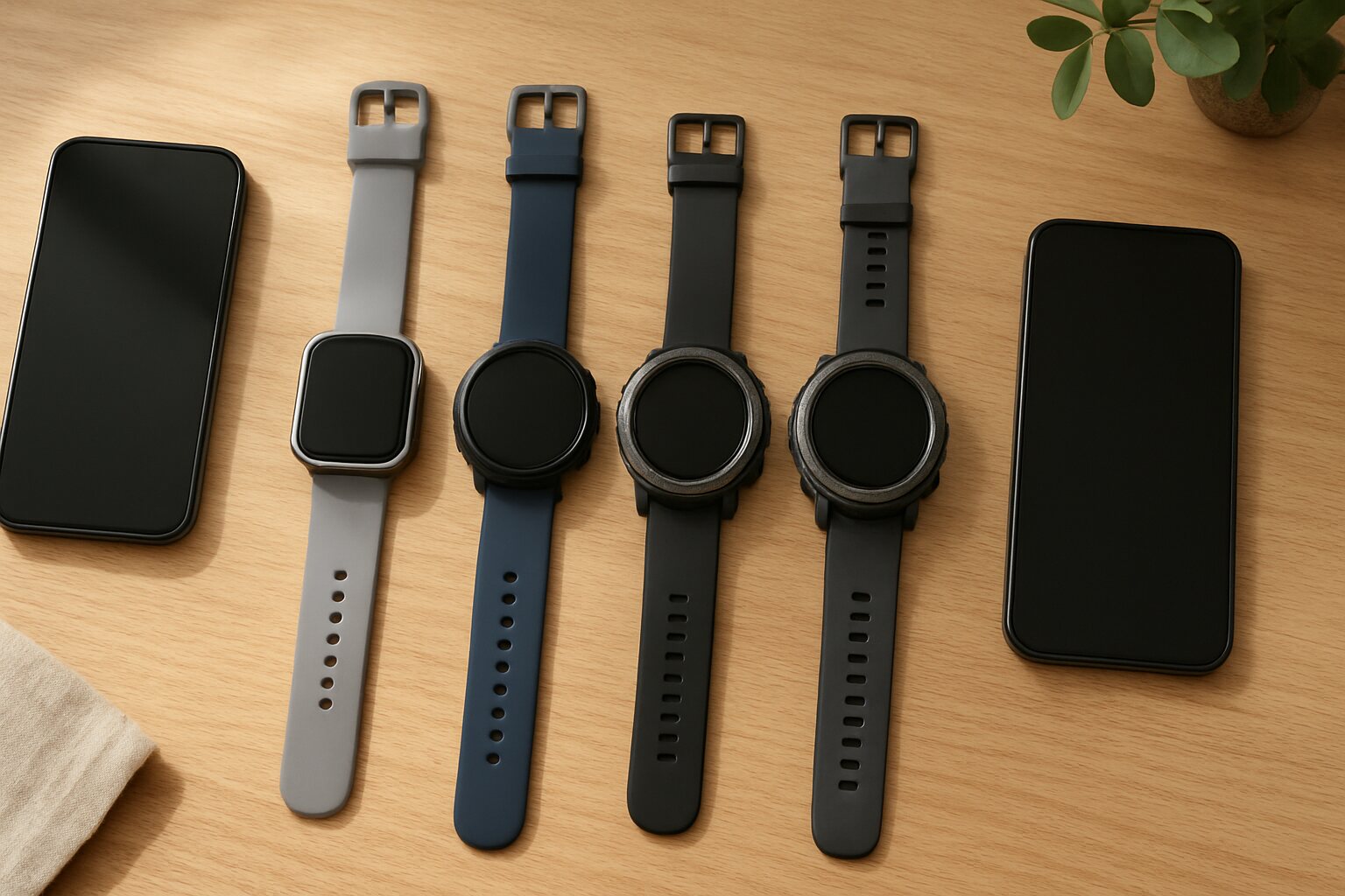 Four smartwatches of different styles laid out on an oak desk between two smartphones